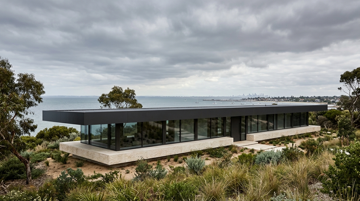 Brighton Line — the long horizontal facade with bay views beyond.