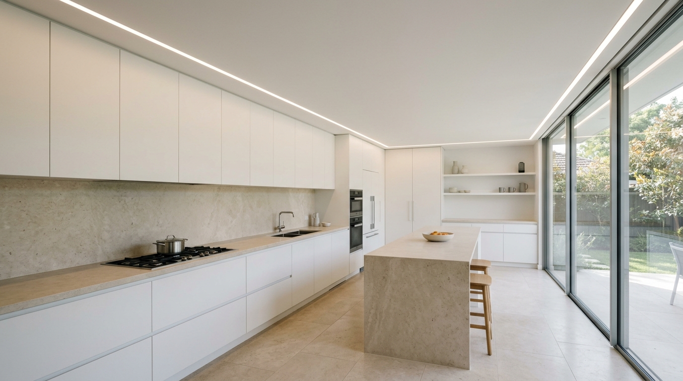 Brighton Line — minimal kitchen under the continuous fascia line