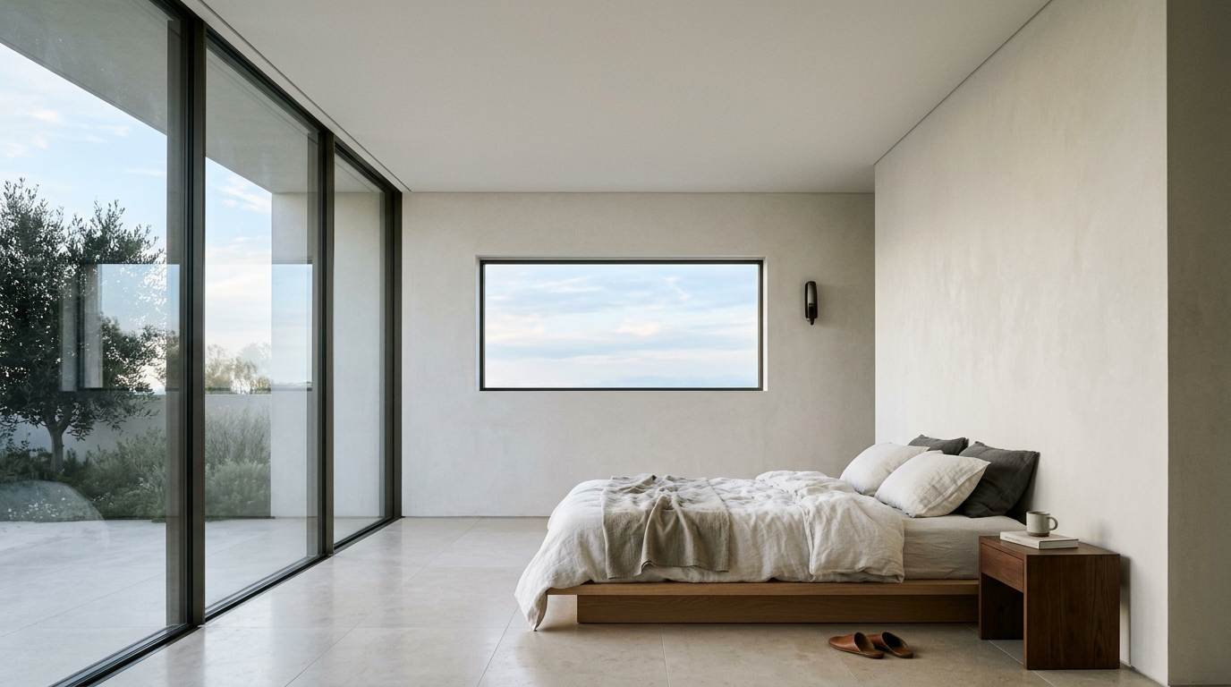 Brighton Line — bedroom with flush ceiling meeting full-height glass