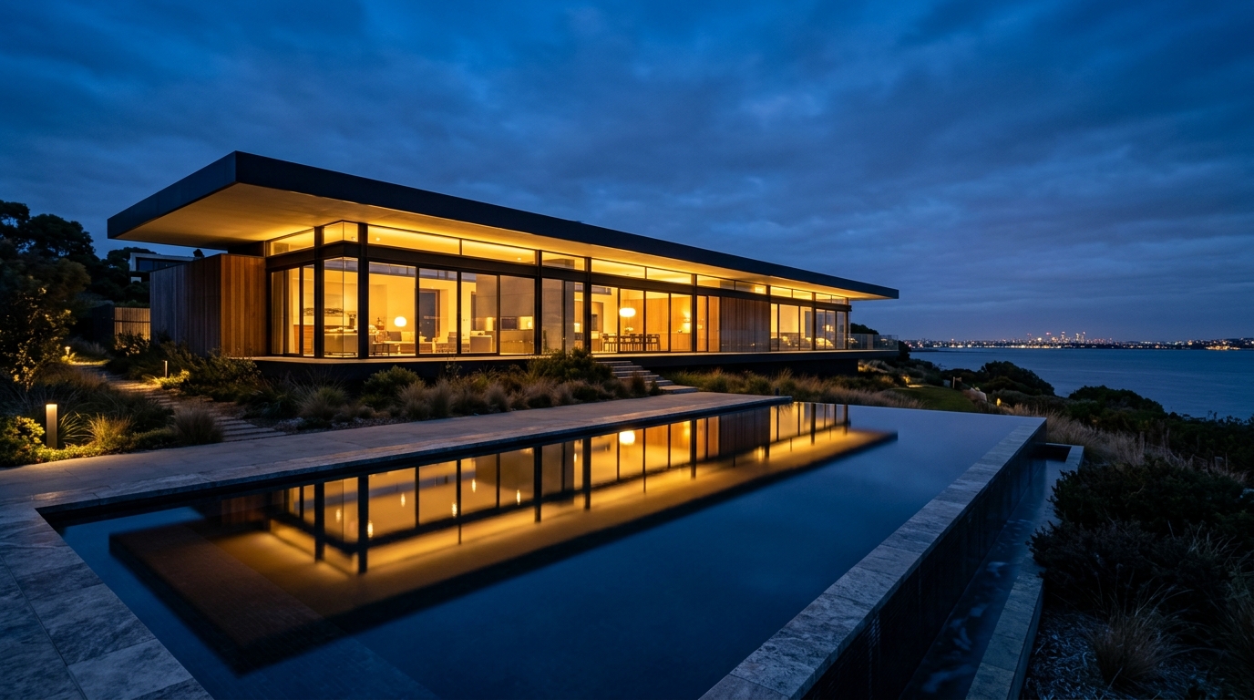 Brighton Line — evening exterior showing the house as a floating line of light