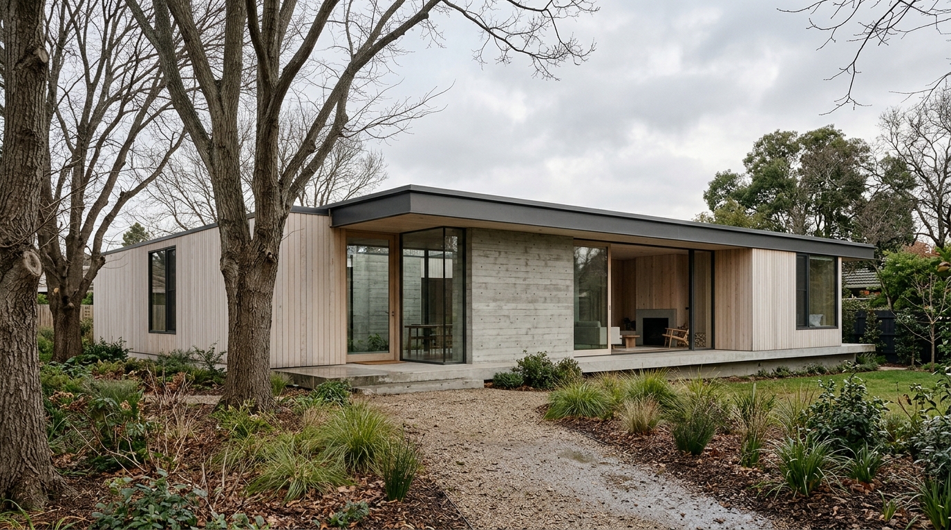 Canterbury House — a low concrete pavilion seen through elm trees.