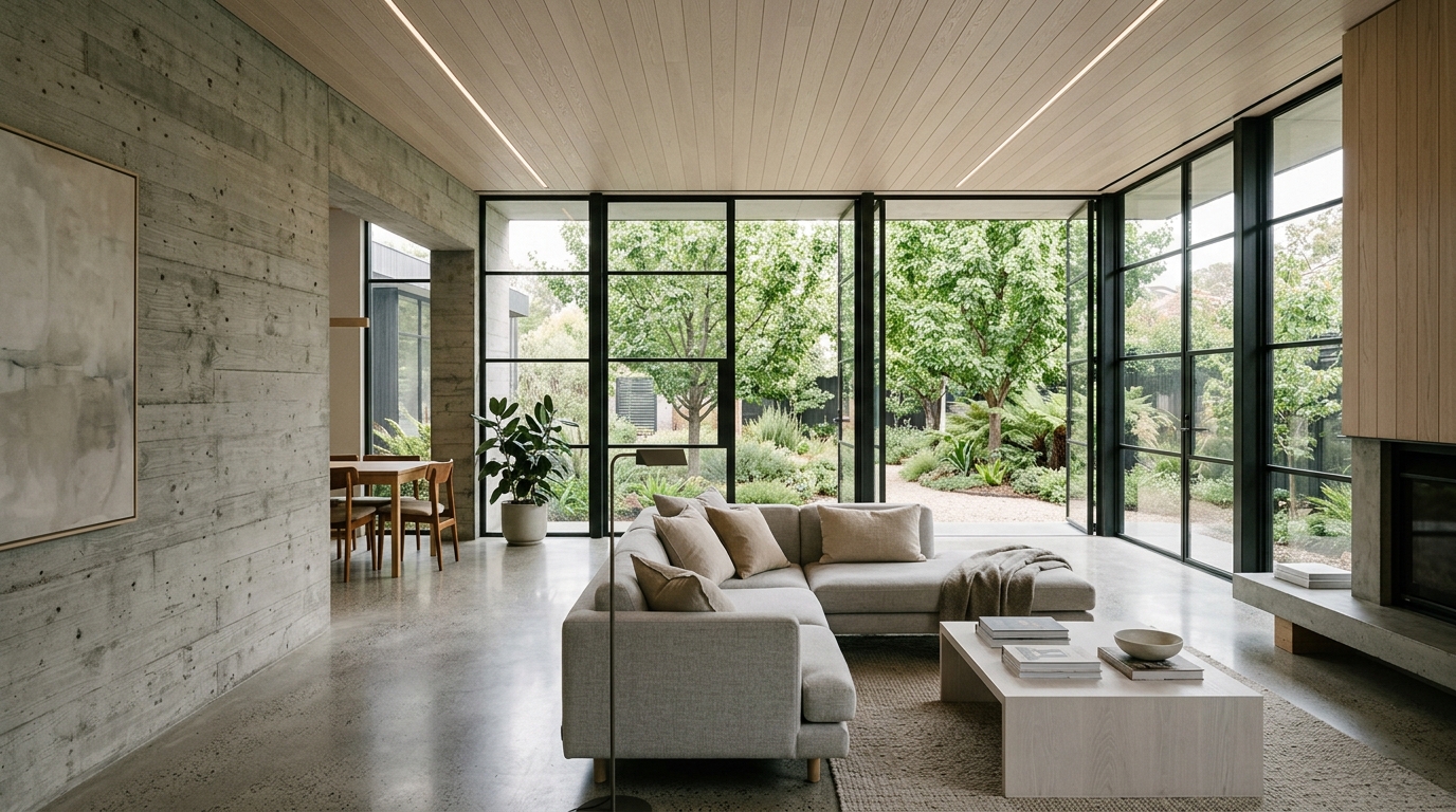 Canterbury House — open-plan living with polished concrete floor and full-height glazing