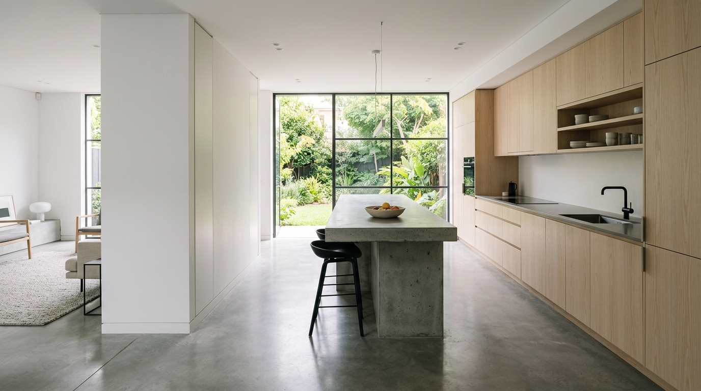Canterbury House — minimal kitchen island in pale ash and concrete