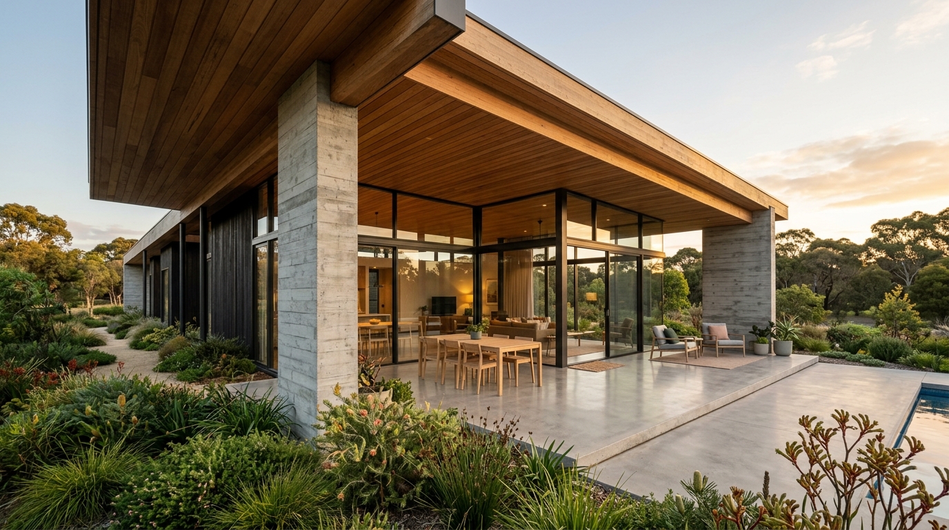 Canterbury House — covered terrace extending into the garden