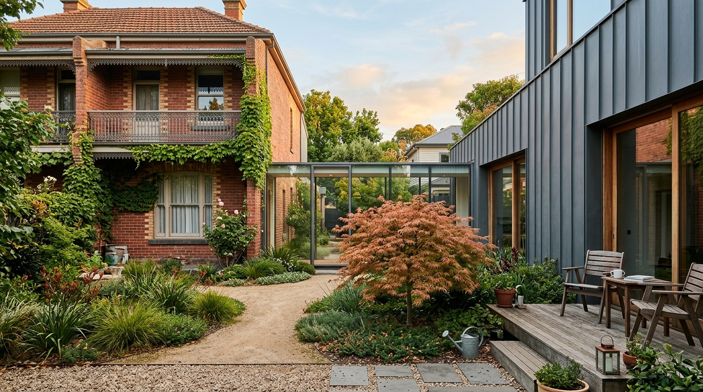 Hawthorn Terrace — rear garden courtyard between old and new
