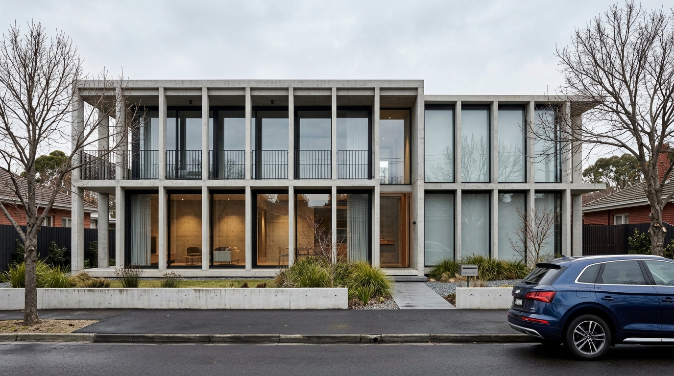 Malvern Grid — the modular street facade with expressed grid lines.