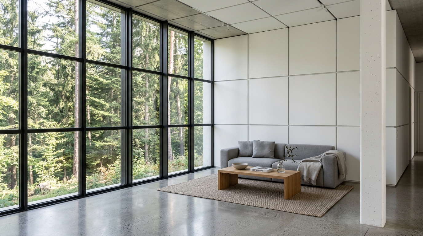 Malvern Grid — living space showing floor-to-ceiling grid module glazing