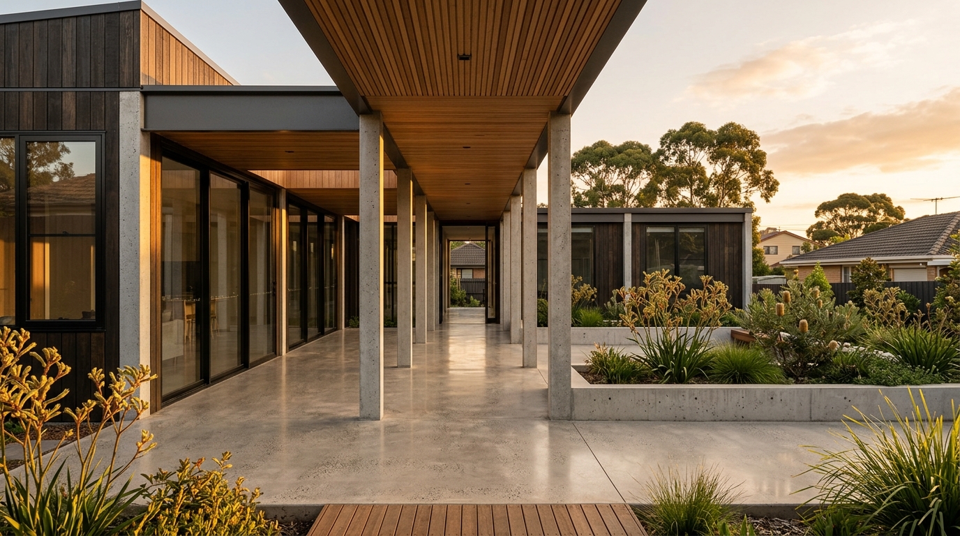 Malvern Grid — exterior courtyard with covered walkway on grid