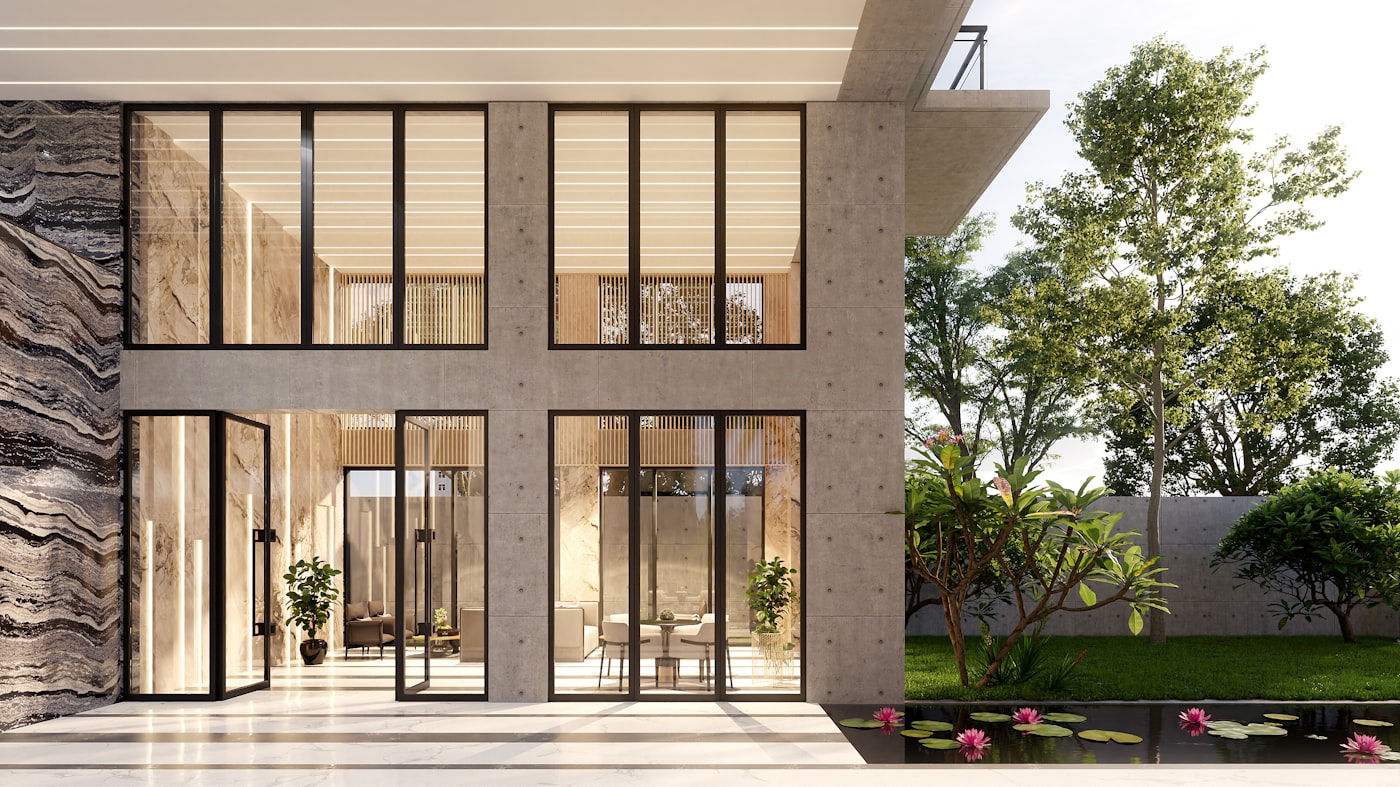 A Stratum project: stone and concrete facade with full-height glazing in Kew, Melbourne.